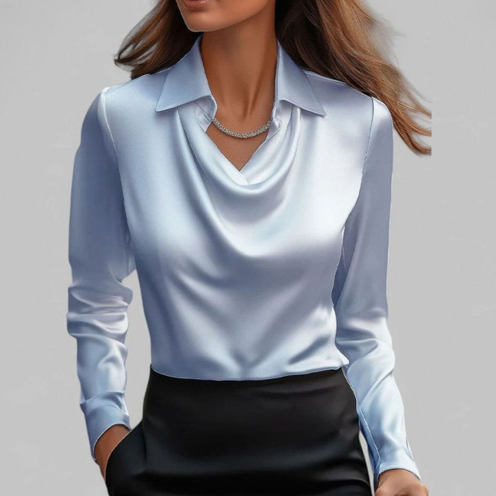 Elegante Wasserfallausschnitt Satinbluse für Damen mit Hemdkragen - Blau