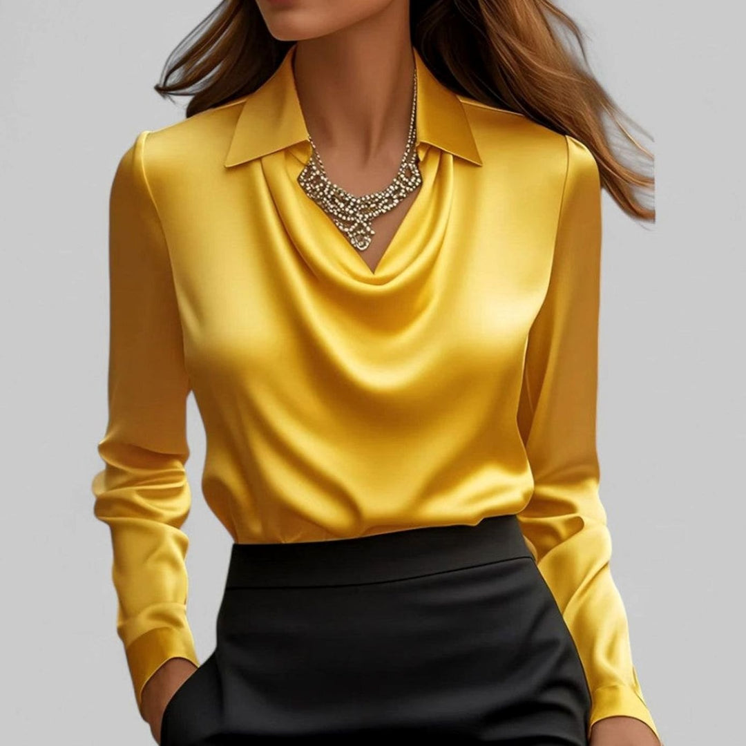 Elegante Wasserfallausschnitt Satinbluse für Damen mit Hemdkragen - Gelb