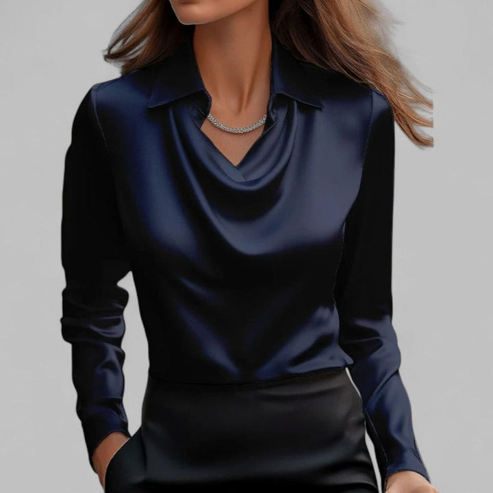 Elegante Wasserfallausschnitt Satinbluse für Damen mit Hemdkragen - Marineblau