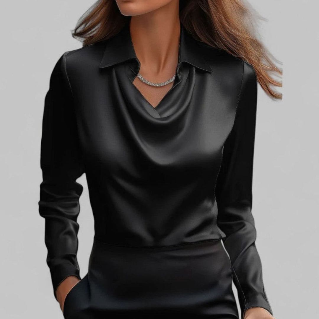 Elegante Wasserfallausschnitt Satinbluse für Damen mit Hemdkragen - Schwarz