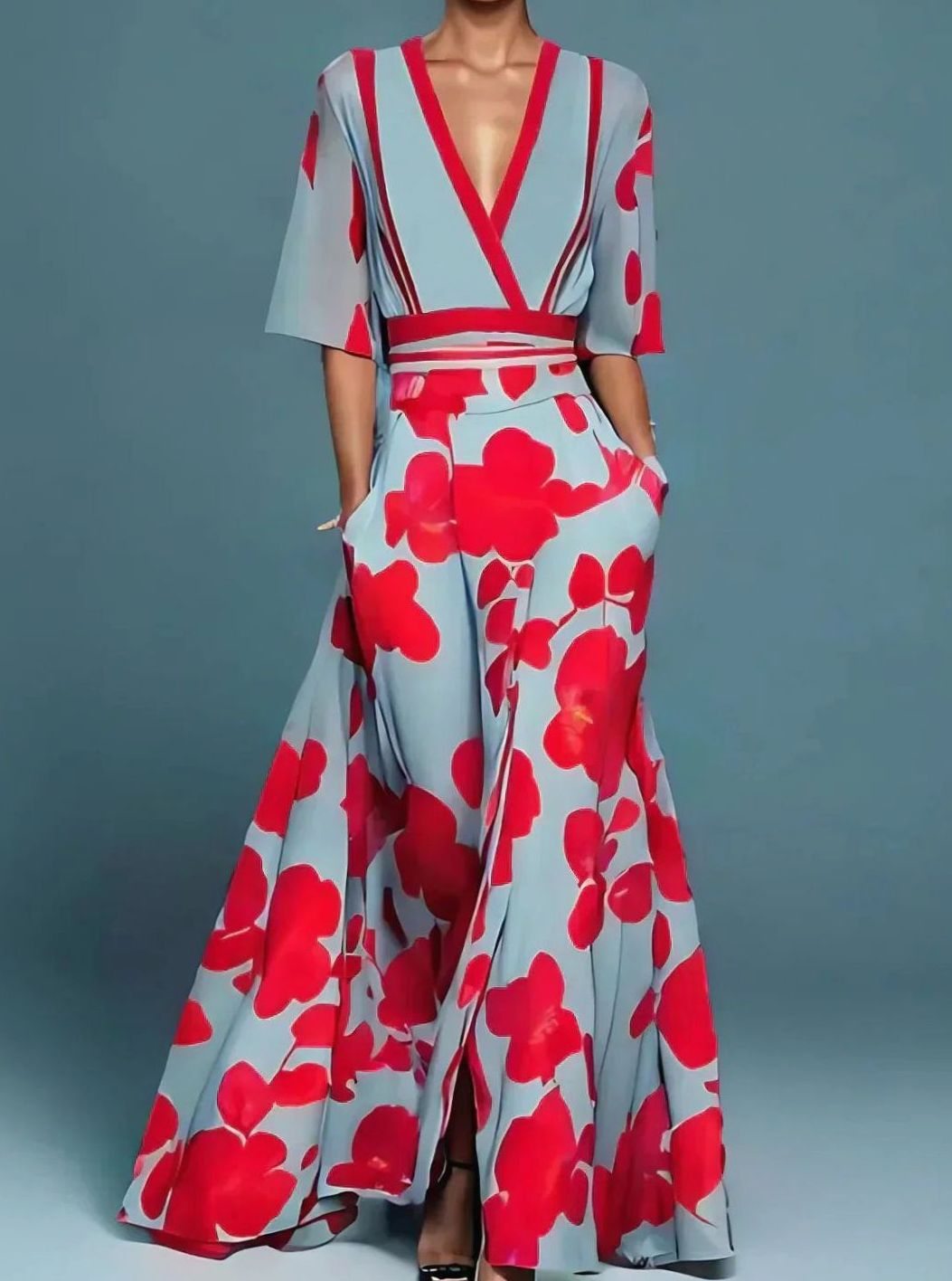 Elegantes Maxikleid mit Blumenmuster tiefem V-Ausschnitt weitem Rock - Rot