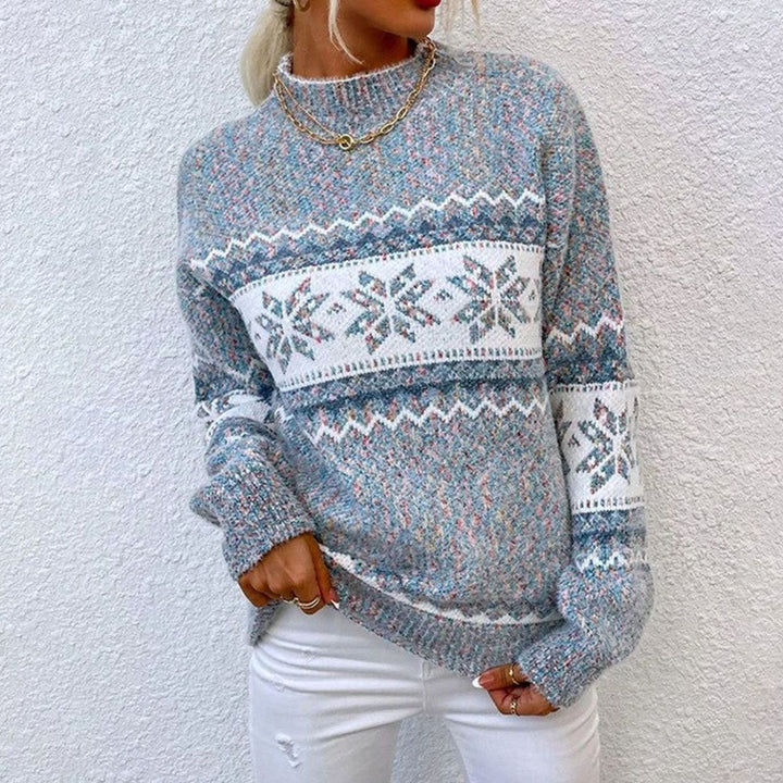 Gestrickter Damen-Weihnachtspullover Schneeflocken Oversized Rundhals - Grau