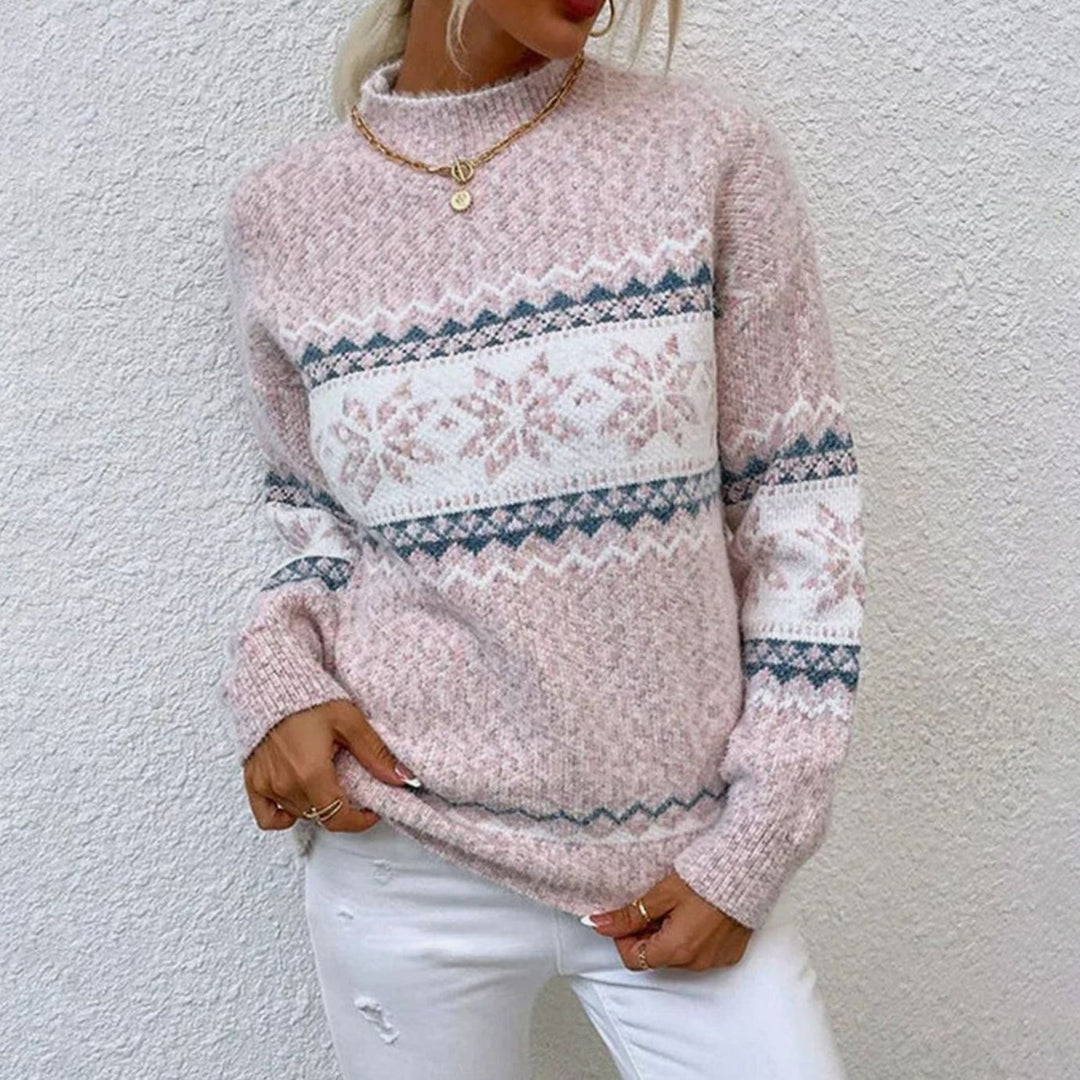 Gestrickter Damen-Weihnachtspullover Schneeflocken Oversized Rundhals - Rosa