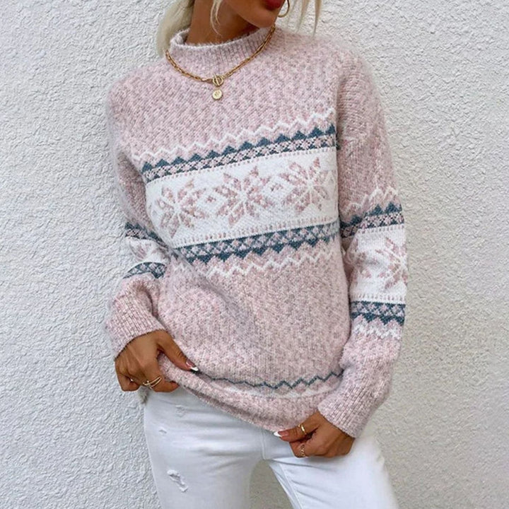 Gestrickter Damen-Weihnachtspullover Schneeflocken Oversized Rundhals - Rosa