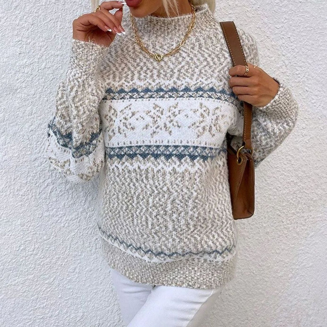 Gestrickter Damen-Weihnachtspullover Schneeflocken Oversized Rundhals - Beige