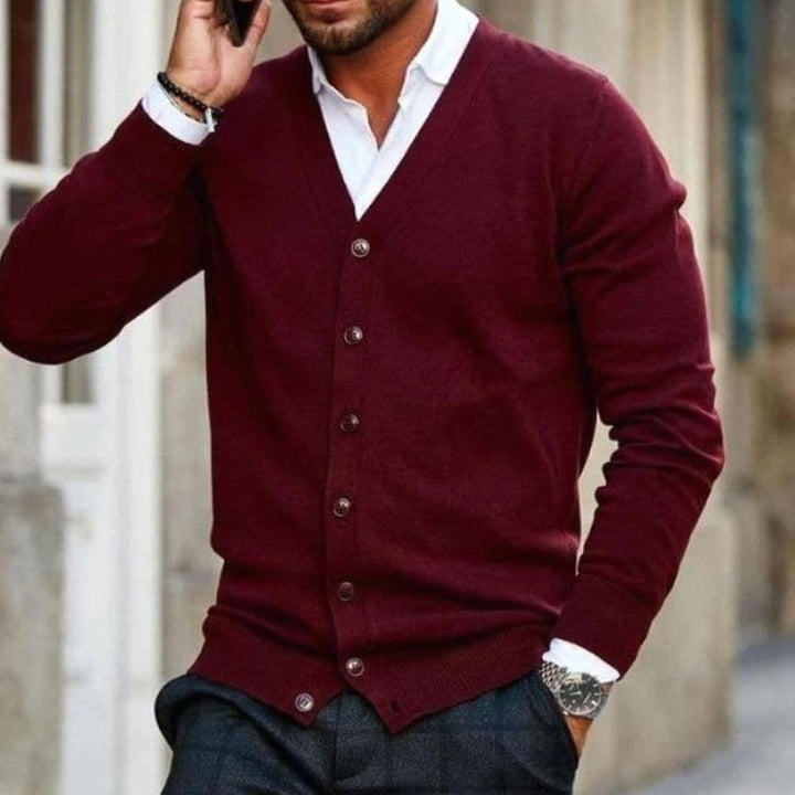 Herren Business-Casual Strickjacke mit V-Ausschnitt Knopfleiste - Rot