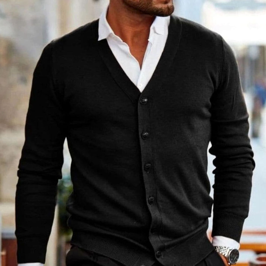 Herren Business-Casual Strickjacke mit V-Ausschnitt Knopfleiste - Schwarz