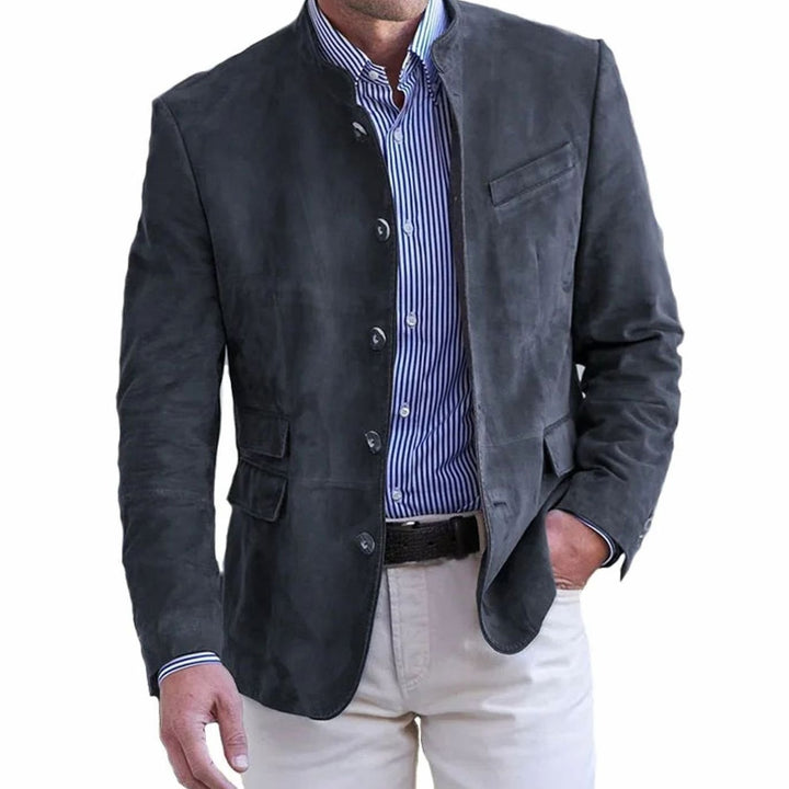 Herren Eleganter Freizeitblazer mit Knopfverschluss Stehkragen Slim-Fit - Schwarz