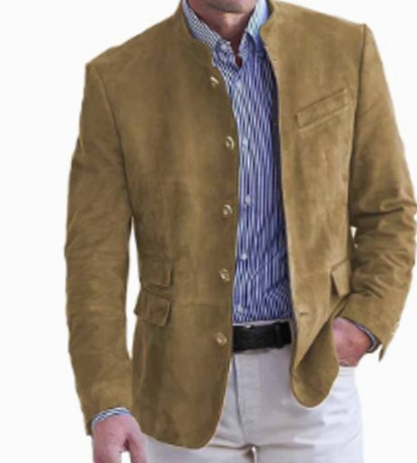 Herren Eleganter Freizeitblazer mit Knopfverschluss Stehkragen Slim-Fit - Khaki