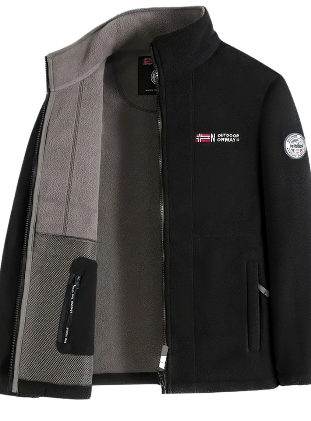 Herren Fleece Outdoor-Jacke mit Reißverschluss Stehkragen Innenfutter - Schwarz