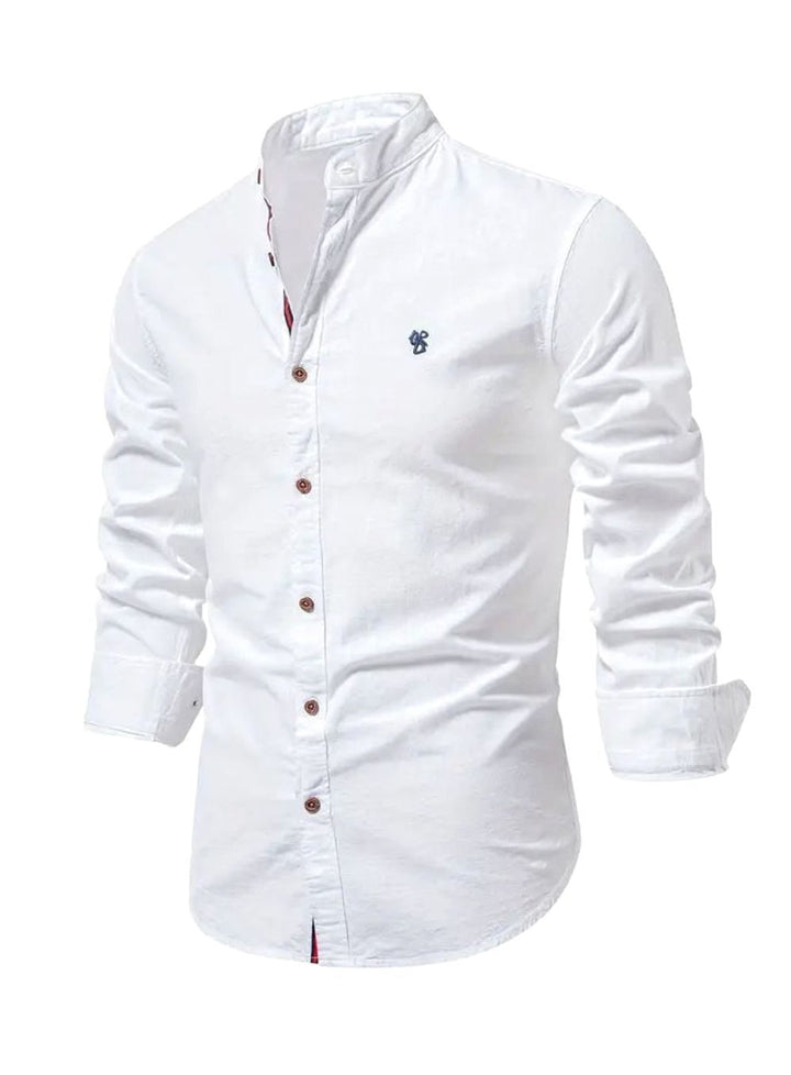 Herren Freizeit-Hemd mit Knöpfen Stehkragen Langarm Slim-Fit - Weiß