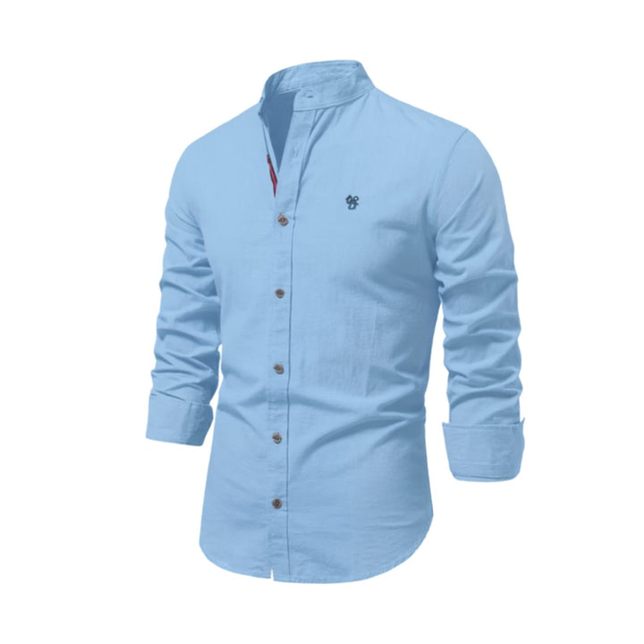 Herren Freizeit-Hemd mit Knöpfen Stehkragen Langarm Slim-Fit - Hellblau