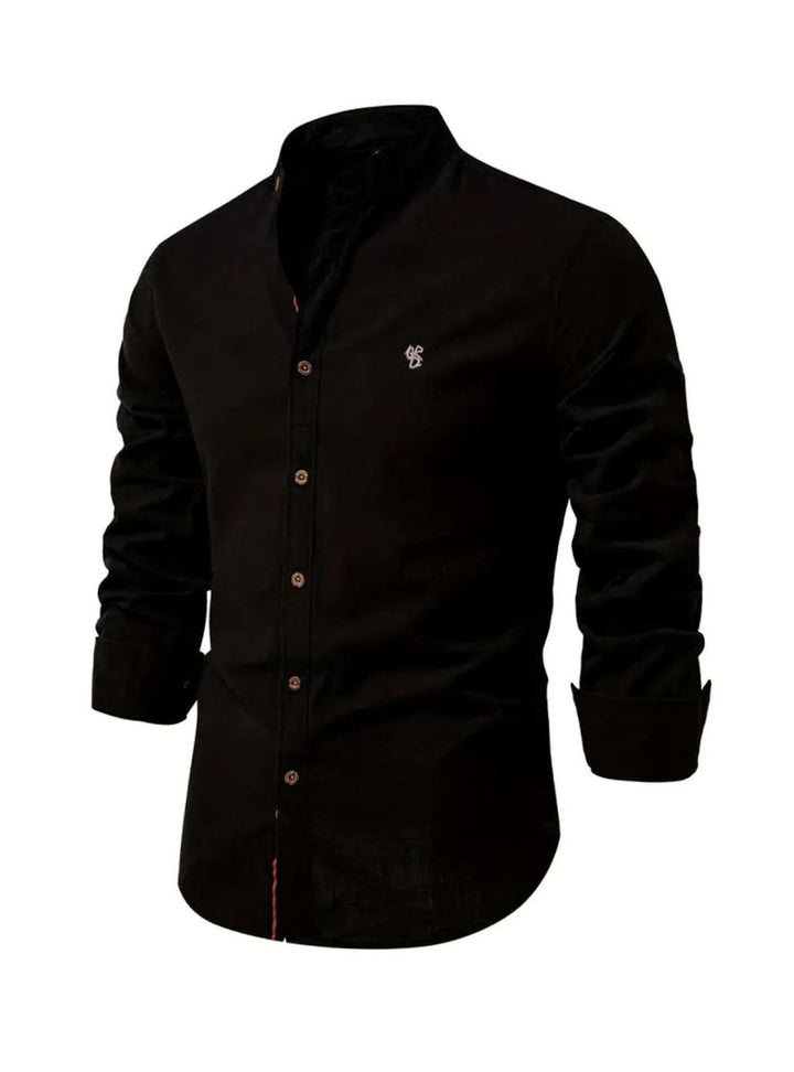 Herren Freizeit-Hemd mit Knöpfen Stehkragen Langarm Slim-Fit - Schwarz