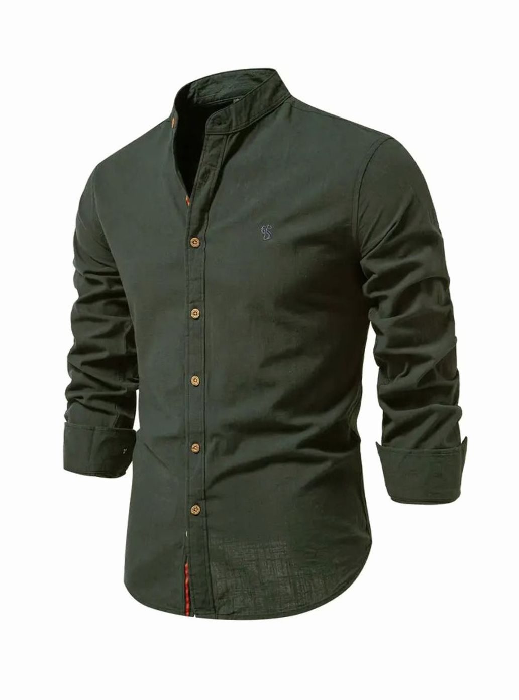 Herren Freizeit-Hemd mit Knöpfen Stehkragen Langarm Slim-Fit - Armeegrün