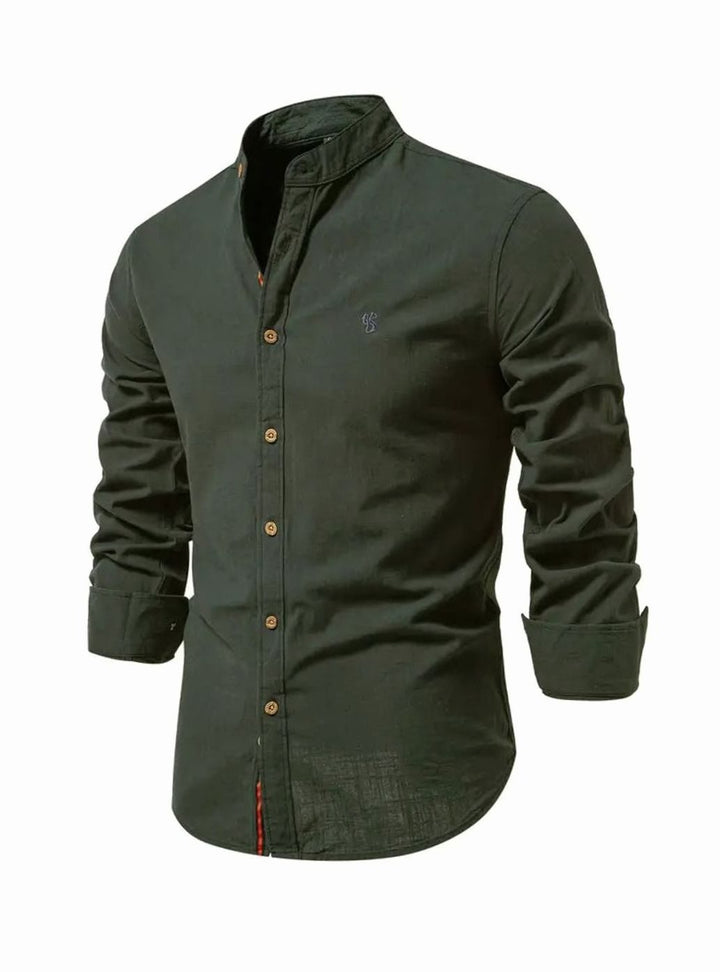 Herren Freizeit-Hemd mit Knöpfen Stehkragen Langarm Slim-Fit - Armeegrün