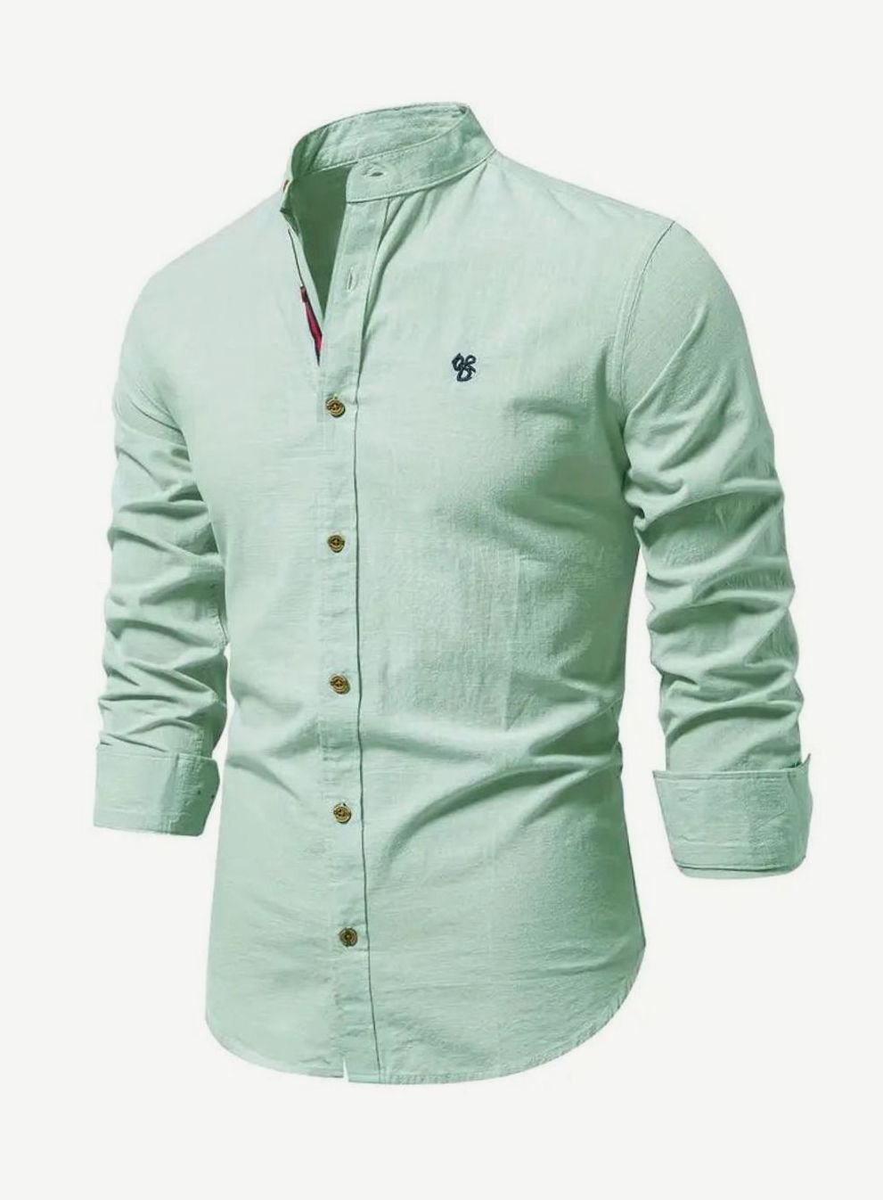 Herren Freizeit-Hemd mit Knöpfen Stehkragen Langarm Slim-Fit - Hellgrün