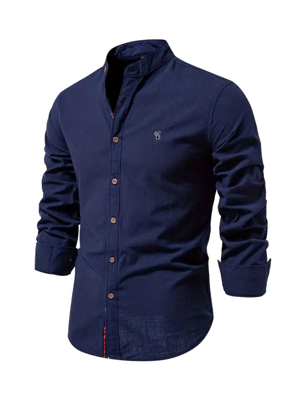 Herren Freizeit-Hemd mit Knöpfen Stehkragen Langarm Slim-Fit - Marineblau