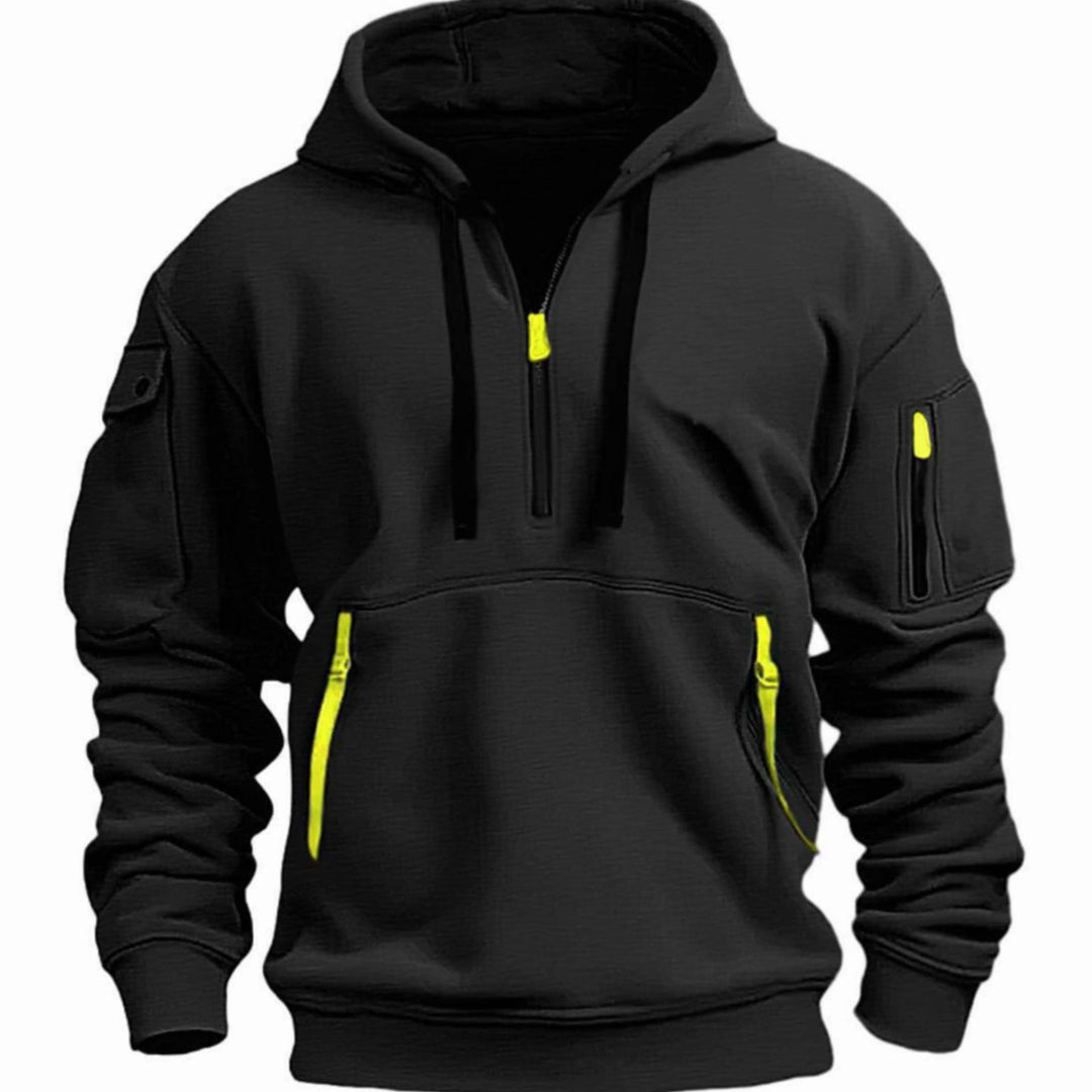 Herren Freizeit-Hoodie mit Reißverschluss-Taschen Kontrastdetails - Schwarz