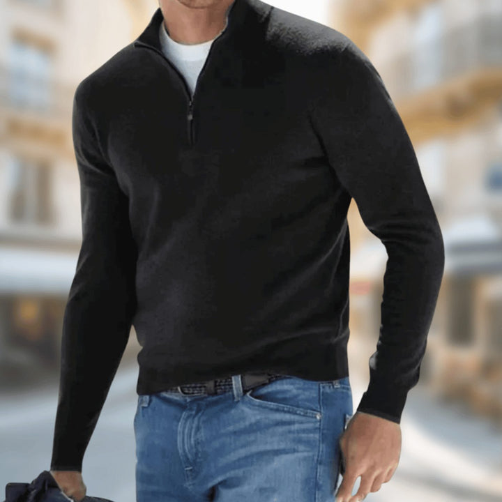Herren Freizeitpullover mit Reißverschluss am Kragen klassischer Schnitt - Schwarz