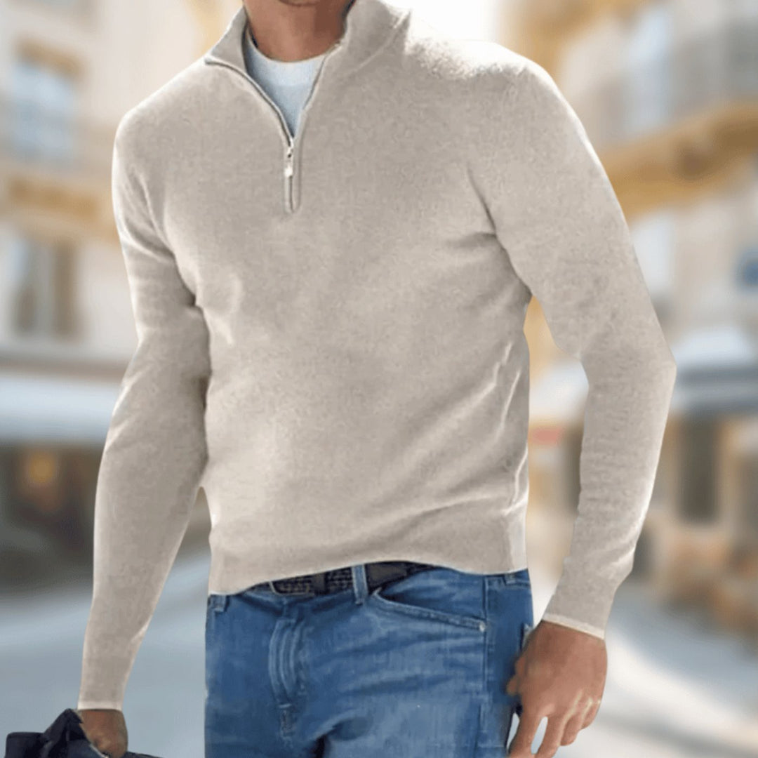 Herren Freizeitpullover mit Reißverschluss am Kragen klassischer Schnitt - Beige