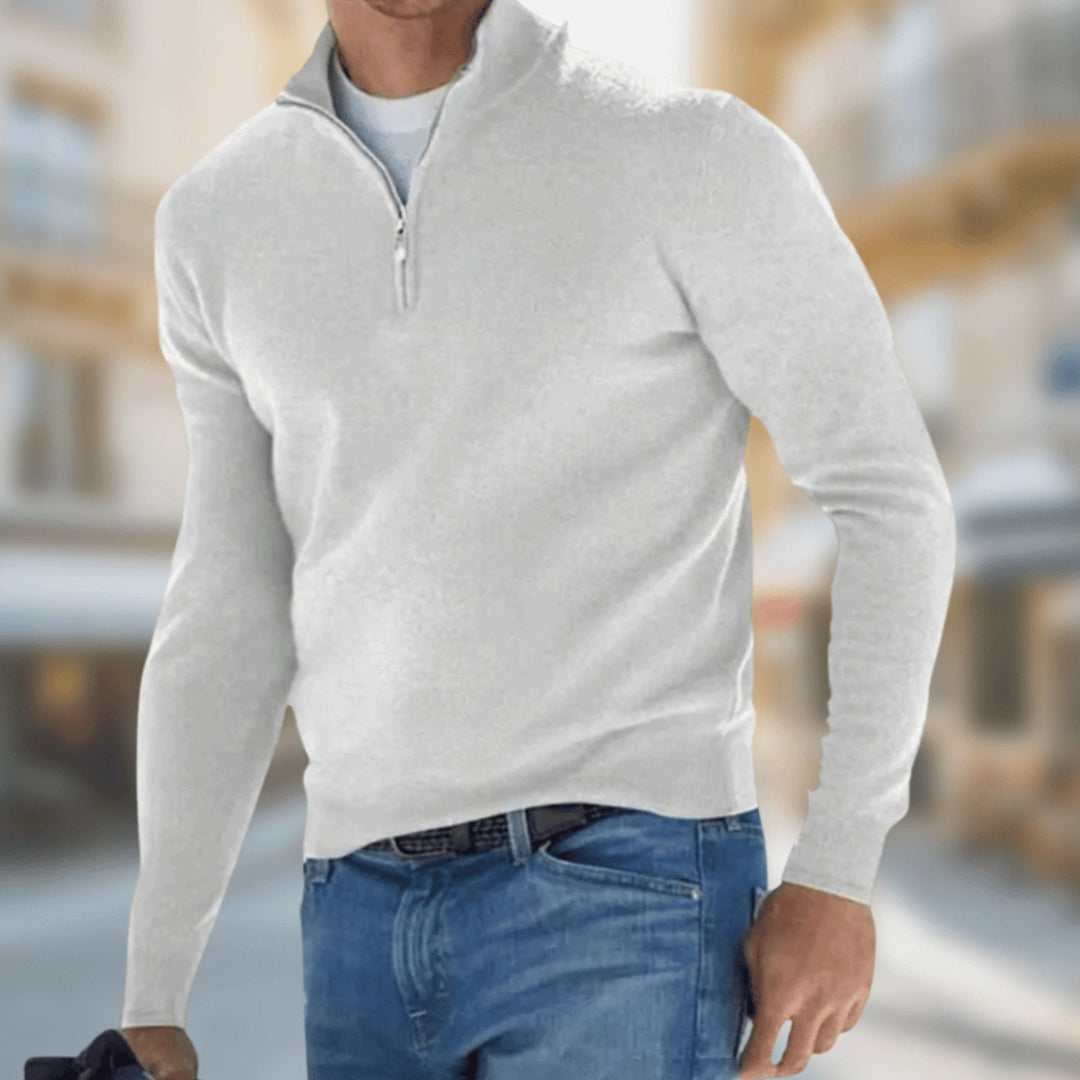 Herren Freizeitpullover mit Reißverschluss am Kragen klassischer Schnitt - Weiß