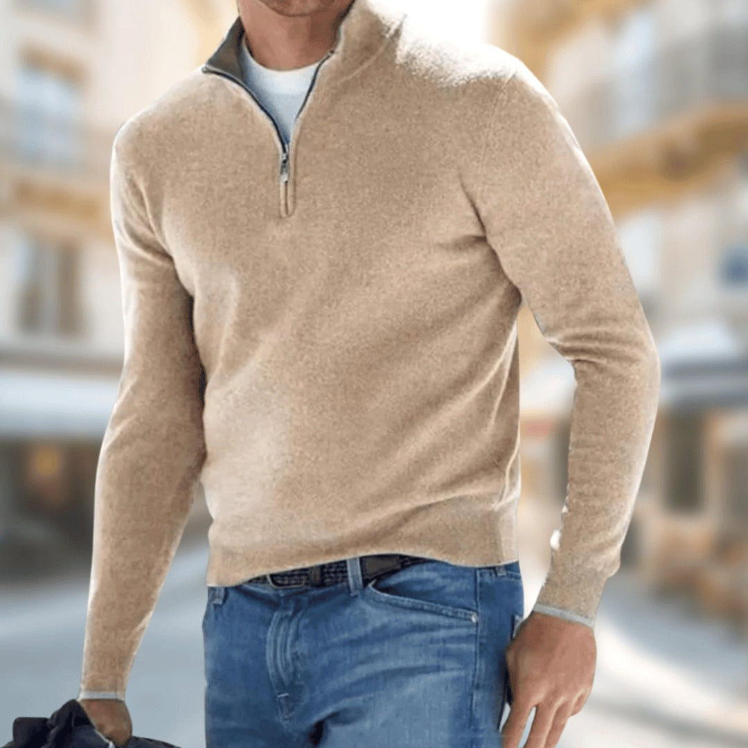 Herren Freizeitpullover mit Reißverschluss am Kragen klassischer Schnitt - Braun