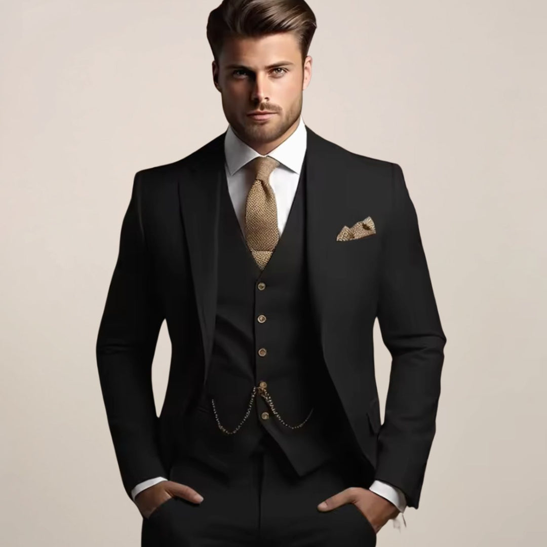 Herren Frühjahrsformeller Drei-Teile-Anzug Slim-Fit Hochzeitsanzug - Schwarz