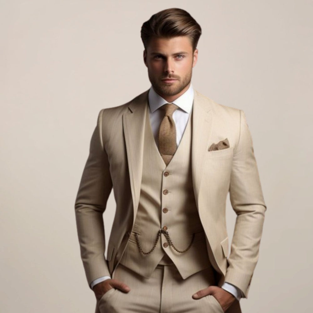 Herren Frühjahrsformeller Drei-Teile-Anzug Slim-Fit Hochzeitsanzug - Beige