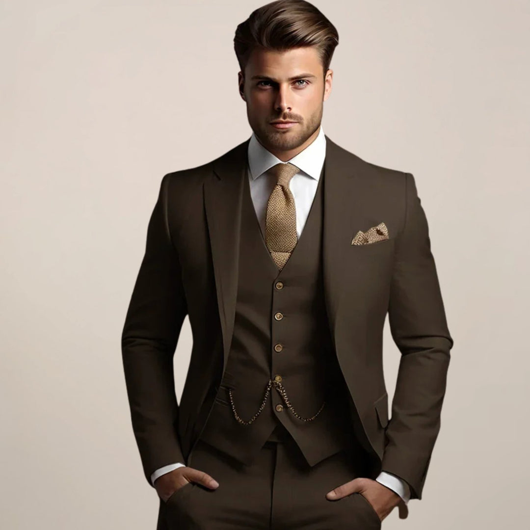Herren Frühjahrsformeller Drei-Teile-Anzug Slim-Fit Hochzeitsanzug - Kaffee