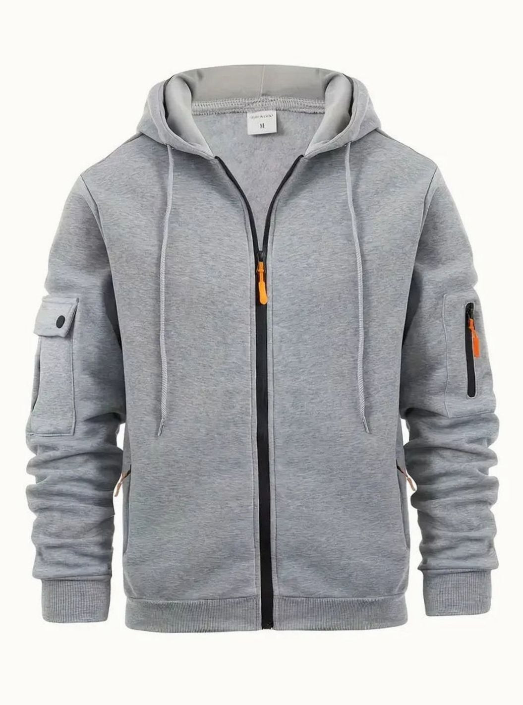 Herren Full-Zip Kapuzenpullover mit Taschen und Kontrast-Reißverschluss - Hellgrau