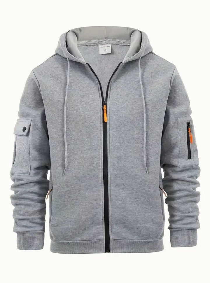 Herren Full-Zip Kapuzenpullover mit Taschen und Kontrast-Reißverschluss - Hellgrau