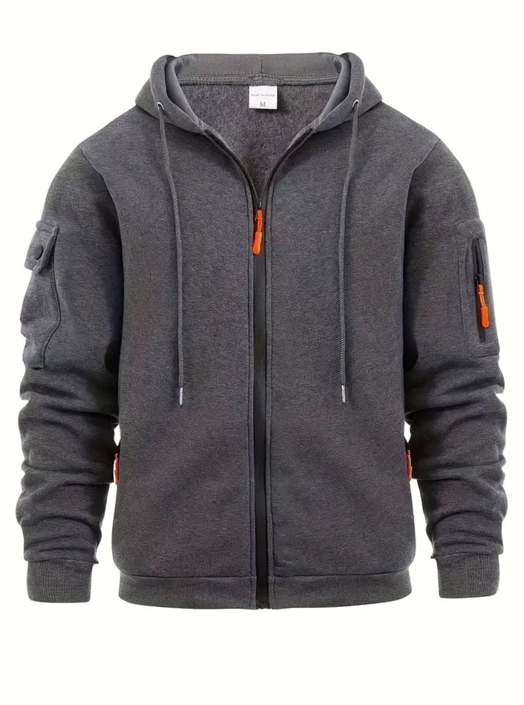 Herren Full-Zip Kapuzenpullover mit Taschen und Kontrast-Reißverschluss - Dunkelgrau