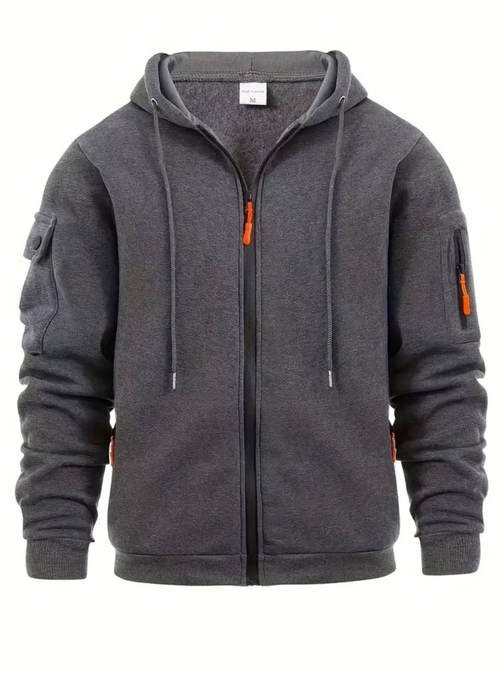 Herren Full-Zip Kapuzenpullover mit Taschen und Kontrast-Reißverschluss - Dunkelgrau