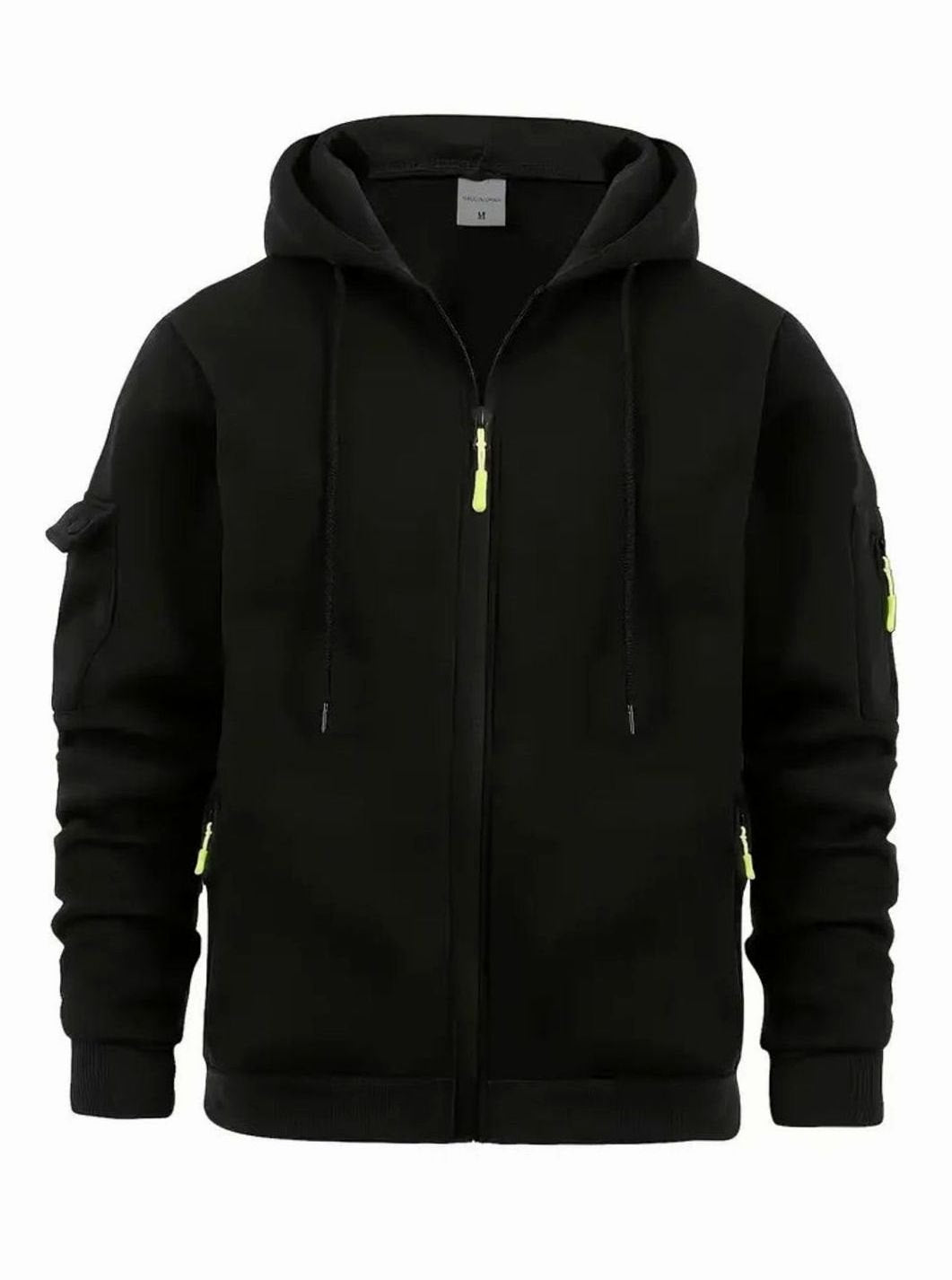 Herren Full-Zip Kapuzenpullover mit Taschen und Kontrast-Reißverschluss - Schwarz