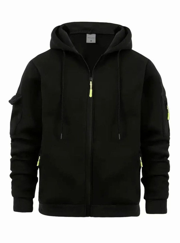 Herren Full-Zip Kapuzenpullover mit Taschen und Kontrast-Reißverschluss - Schwarz