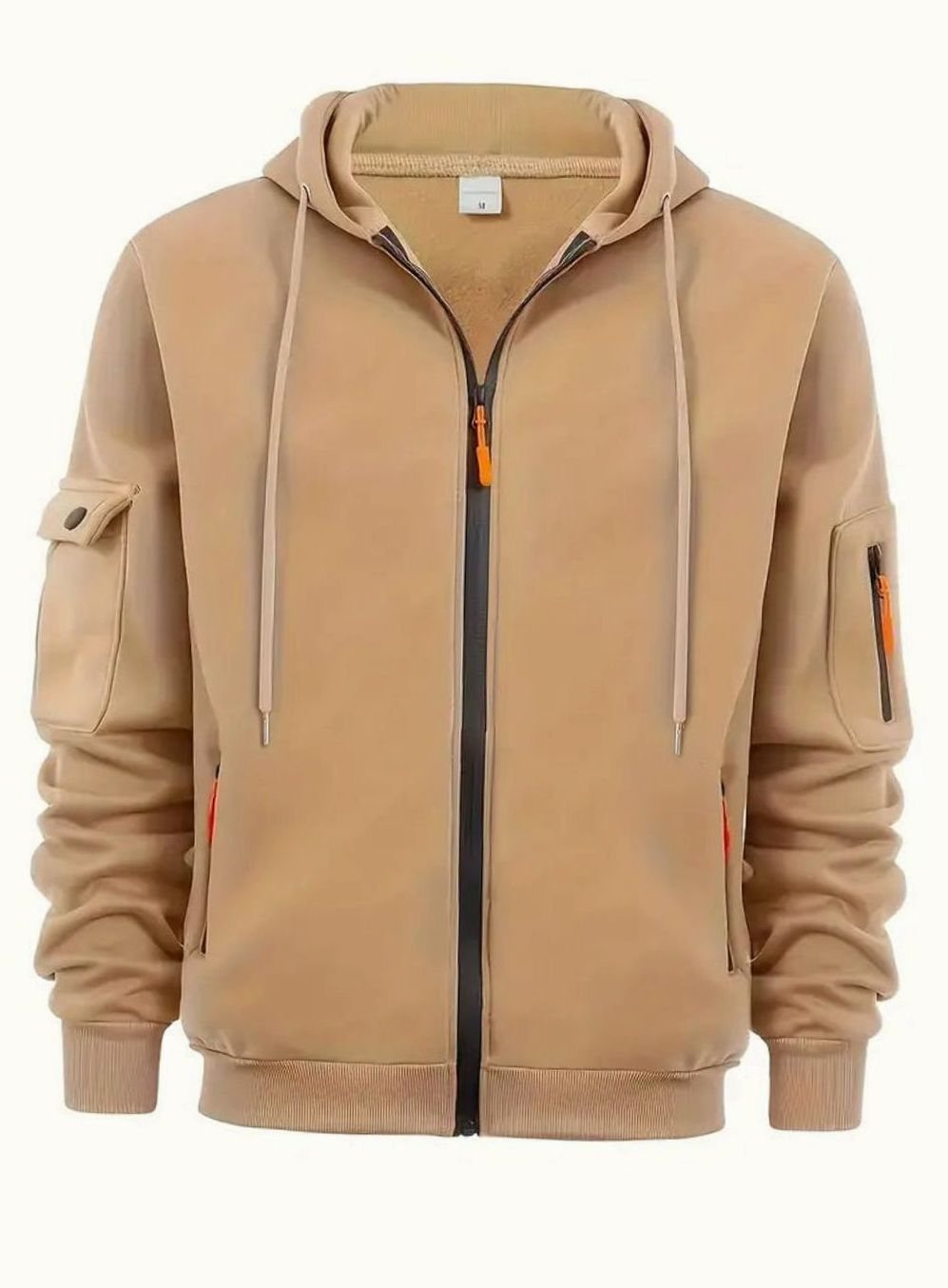 Herren Full-Zip Kapuzenpullover mit Taschen und Kontrast-Reißverschluss - Khaki