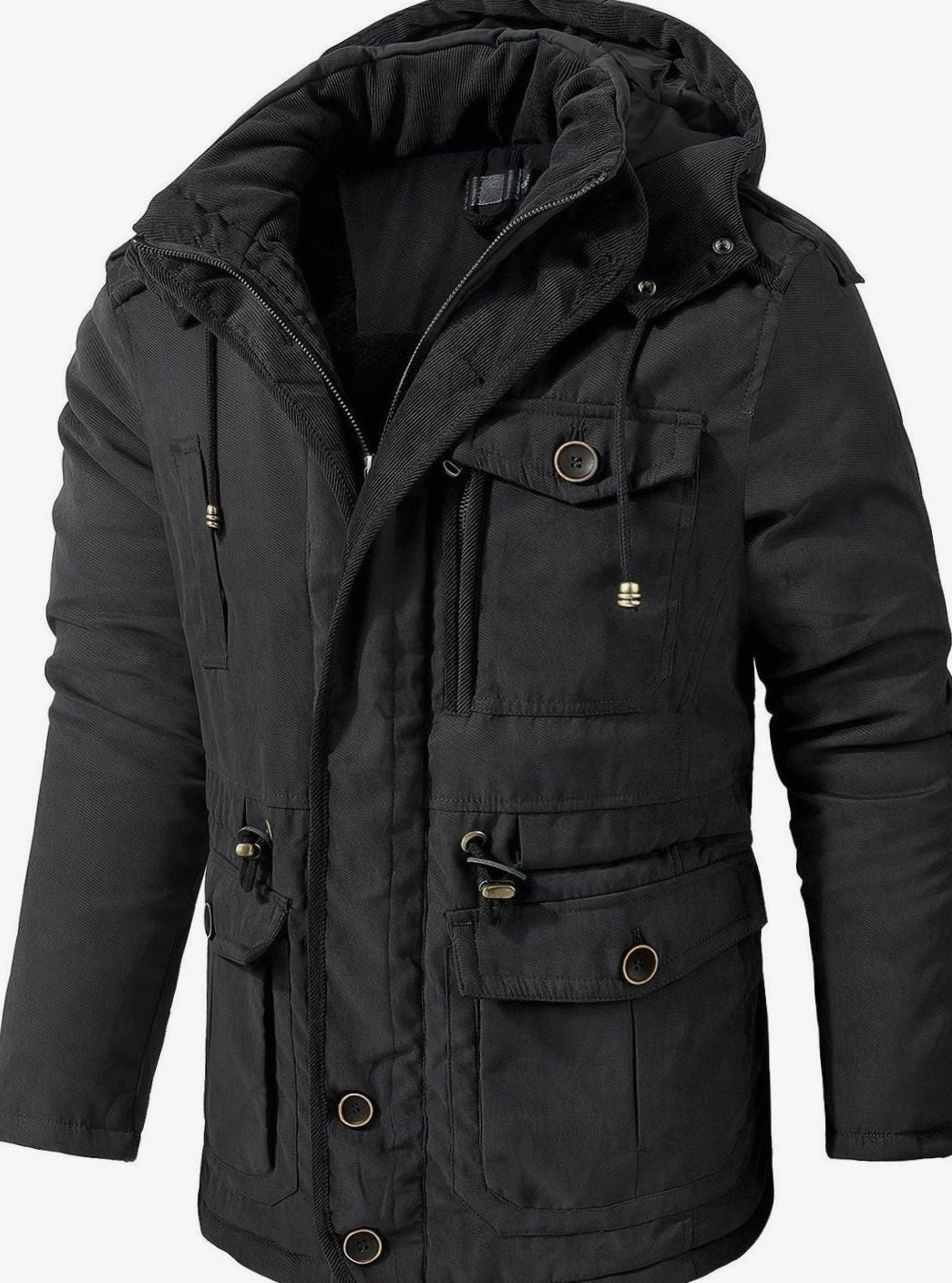 Herren Gefütterte Kapuzen-Winterjacke mit Mehreren Taschen - Schwarz
