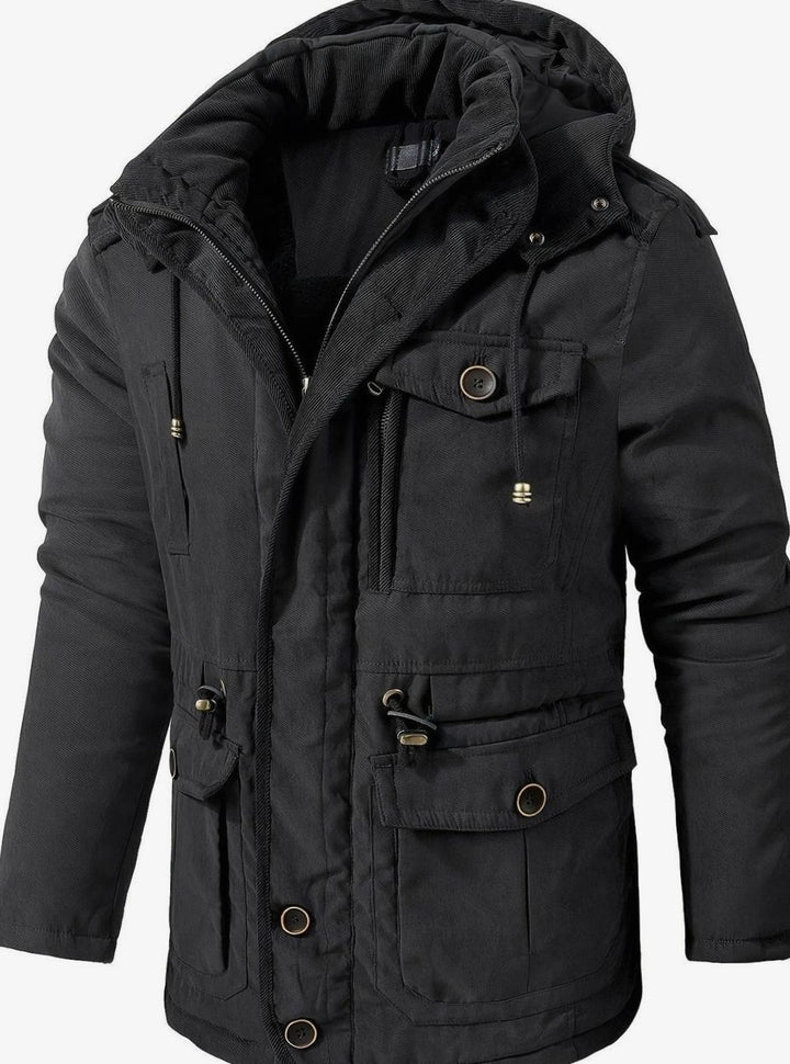 Herren Gefütterte Kapuzen-Winterjacke mit Mehreren Taschen - Schwarz