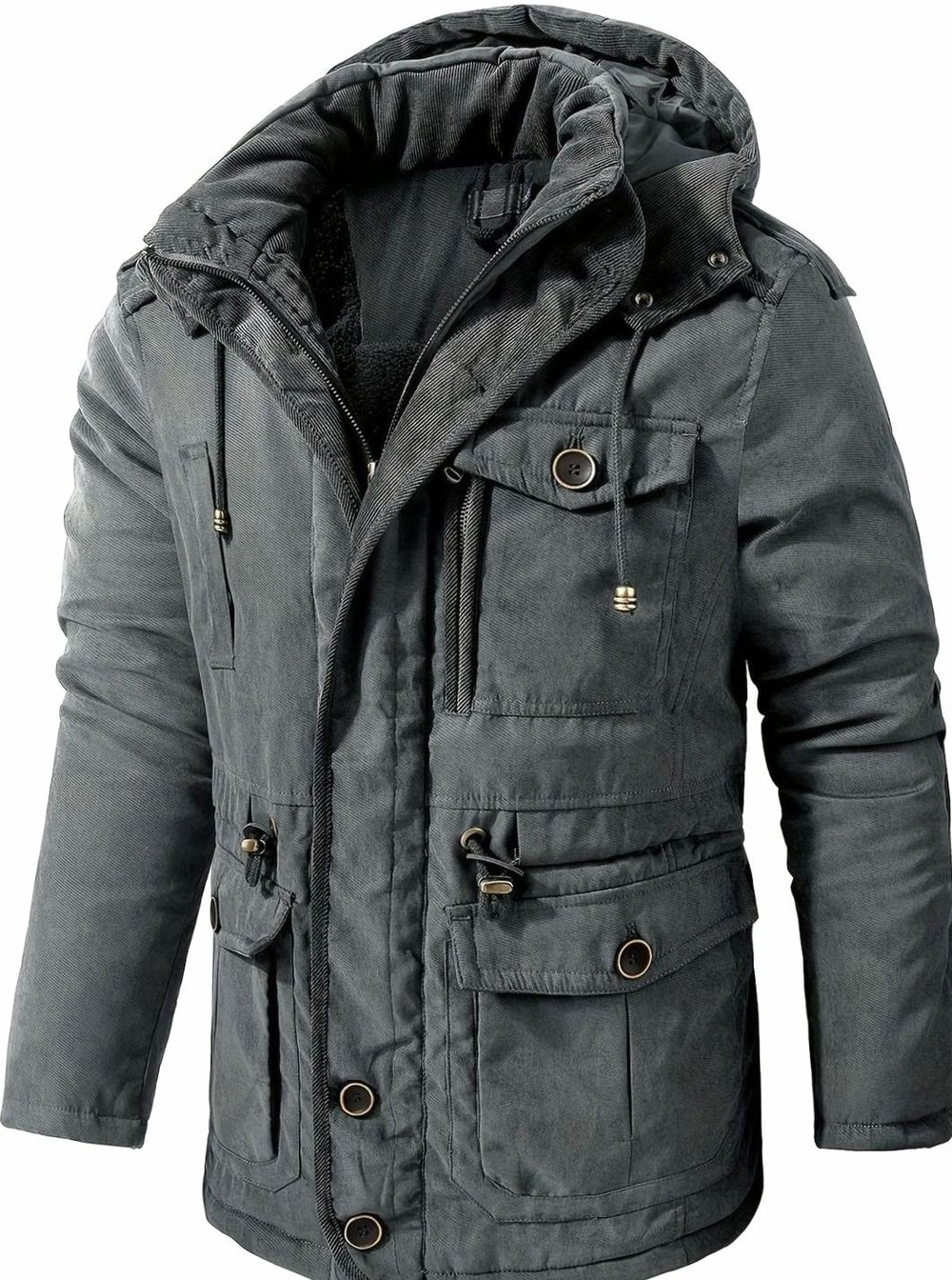 Herren Gefütterte Kapuzen-Winterjacke mit Mehreren Taschen - Grau