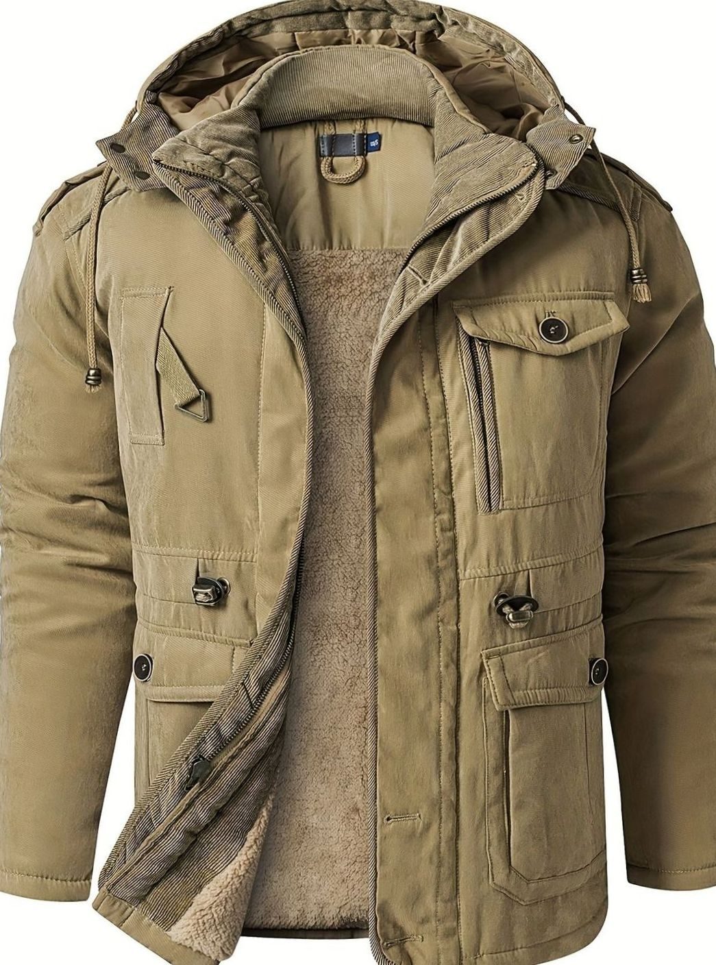 Herren Gefütterte Kapuzen-Winterjacke mit Mehreren Taschen - Khaki