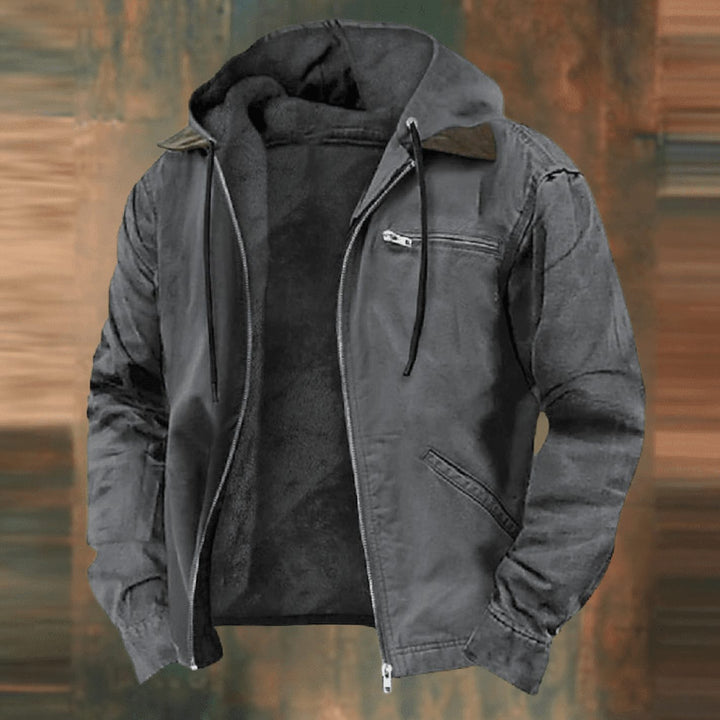 Herren Gefütterte Kapuzen-Winterjacke mit Reißverschluss im Vintage-Look - Grau