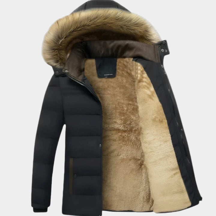 Herren Gefütterte Winterjacke mit Kapuze und Fellfutter - Schwarz