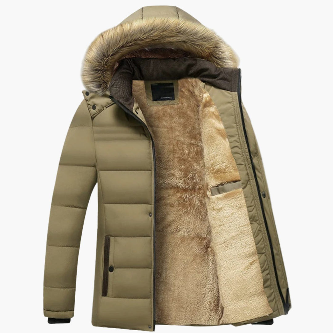 Herren Gefütterte Winterjacke mit Kapuze und Fellfutter - Khaki