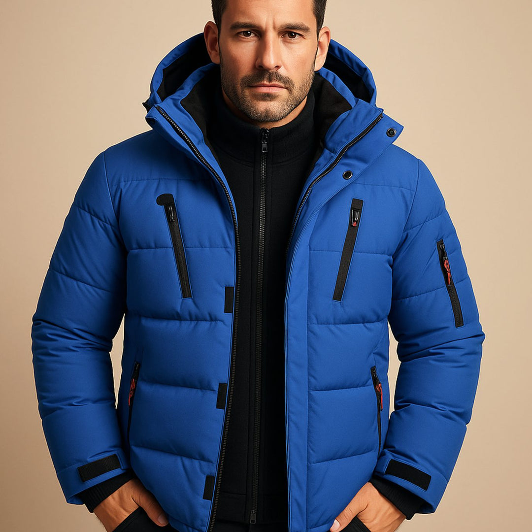 Herren Gefütterte Winterjacke mit Reißverschluss Kapuze Outdoor - Blau