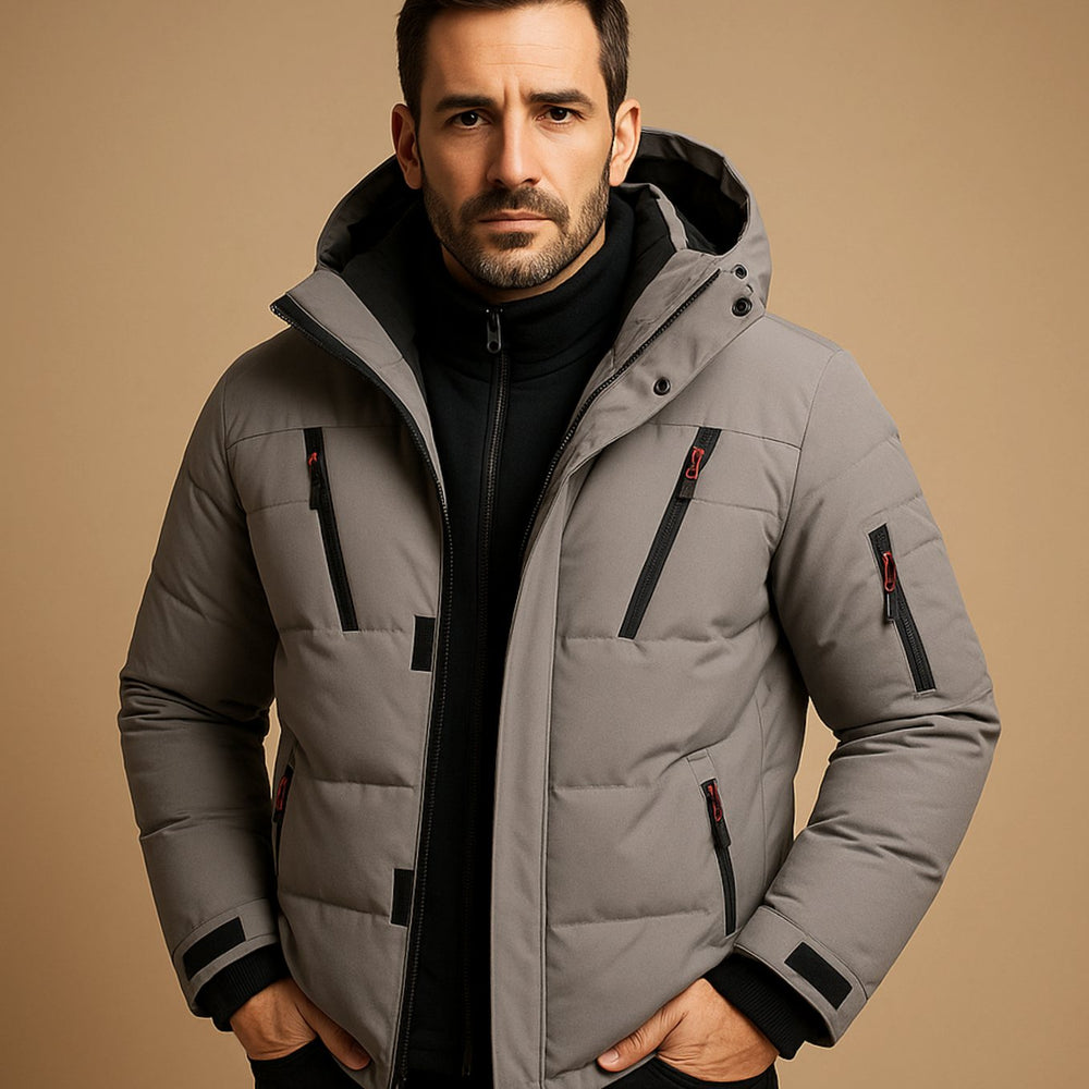 Herren Gefütterte Winterjacke mit Reißverschluss Kapuze Outdoor - Grau