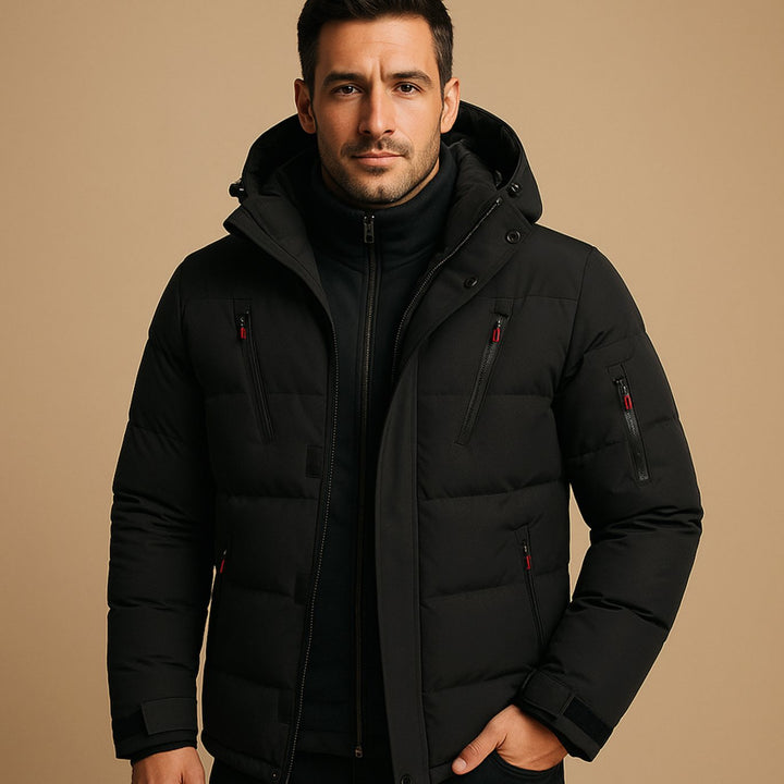Herren Gefütterte Winterjacke mit Reißverschluss Kapuze Outdoor - Schwarz