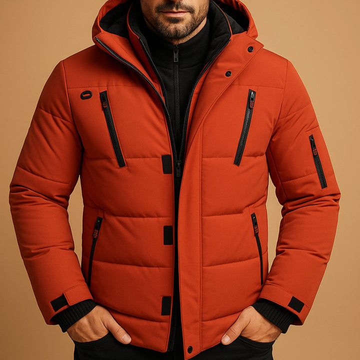Herren Gefütterte Winterjacke mit Reißverschluss Kapuze Outdoor - Orange
