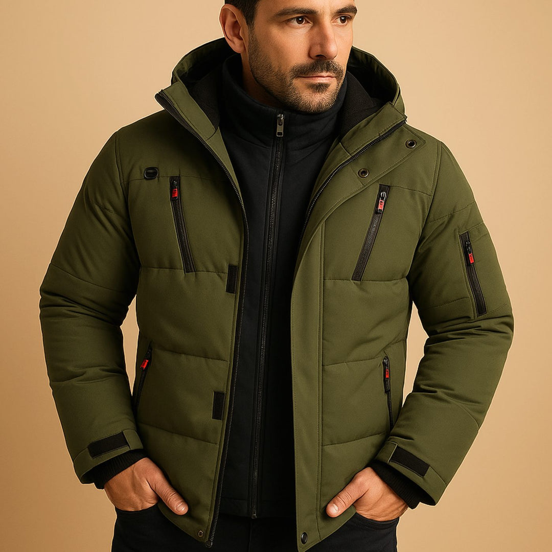 Herren Gefütterte Winterjacke mit Reißverschluss Kapuze Outdoor - Grün