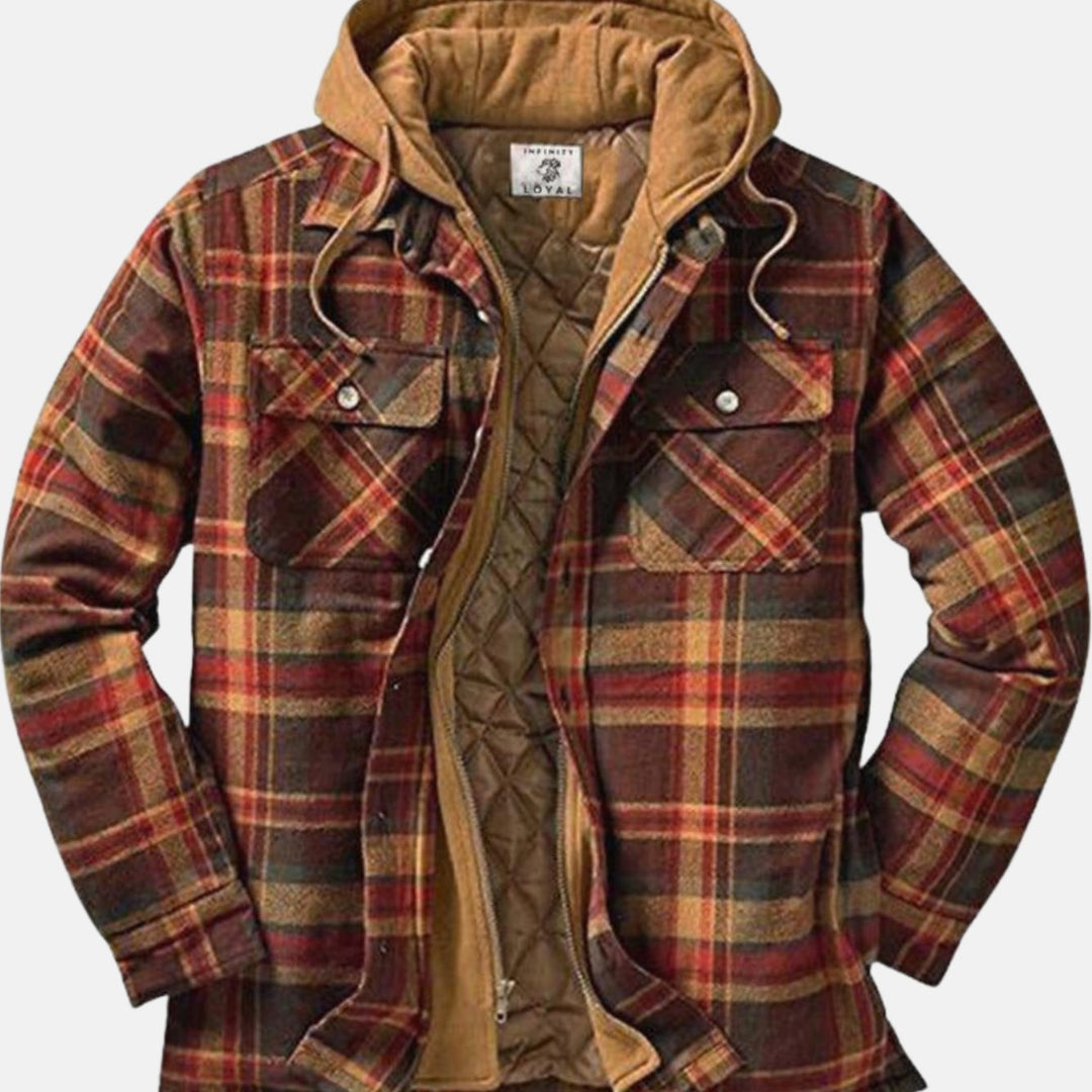 Herren Gefütterter Karierter Hemd-Jacke zum Knöpfen mit Kapuze - Braun