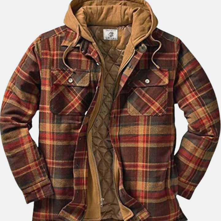 Herren Gefütterter Karierter Hemd-Jacke zum Knöpfen mit Kapuze - Braun